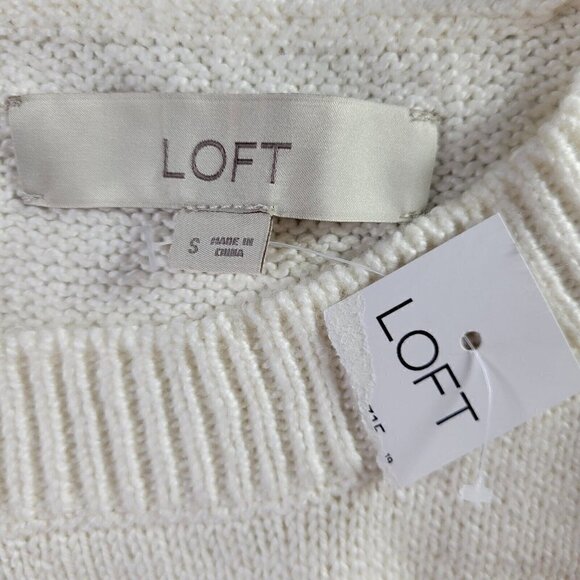 Loft Crew Neck Sweater Size S Pullover Contrast Striped Cuff Lightweight White - Picture 5 of 10